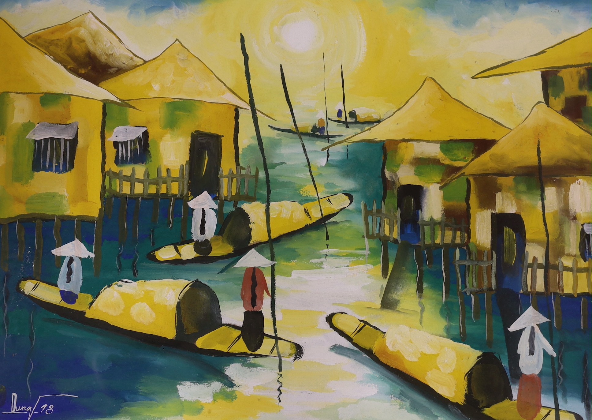 Vietnamese School, pair of oils on card, Village scenes, signed 'Dung' and dated '78, 54 x 77cm